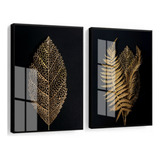 Kit 2 Quadros Decorativos Folhagem Dourada