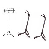 Kit 2 Suporte P/ Violão C/ Trava + Estante De Partitura