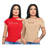 Kit 2 T-shirt Feminina Camiseta Básica Bordada Ombro Decote