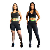 Kit 2 Top +1 Calça Legging +1 Short Conjunto Fitness 4 Peças