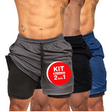 Kit 3 Bermudas - 2 Em 1 Short Duplo Esportivo Academia Run 