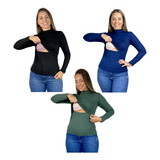 Kit 3 Blusa Amamentação Slim Gola Alta Premium Manga Longa