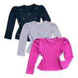 Kit 3 Blusa Blusinha Infantil Manga Bufante Mini Diva Oferta