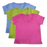 Kit 3 Blusa Camiseta T-shirt Feminina Decote V