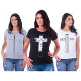 Kit 3 Blusas Camisetas Baby Look Feminina Estampas Gospel
