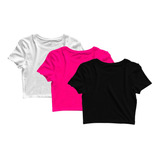 Kit 3 Blusas Cropped Blusinha Camiseta Feminina Lisa