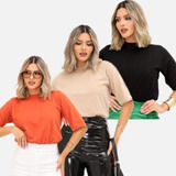 Kit 3 Blusas Feminina 100% Algodão Gola Alta Toque Macio