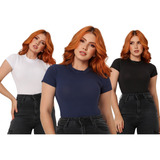 Kit 3 Blusinha Feminina Camiseta Gola Alta Manga Curta