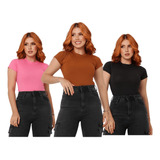 Kit 3 Blusinha Feminina Camiseta Gola Alta Manga Curta