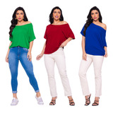 Kit 3 Blusinhas Bata Manga Curta Ombro A Ombro Blusa Canoa