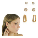Kit 3 Brincos Argolinhas Trio Cravejado Delicado Banhado
