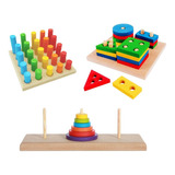 Kit 3 Brinquedo Pedagógico Torre De Hanói Pinos Formas !!