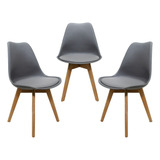 Kit 3 Cadeiras Mesa Sala De Jantar Saarinen Design Leda Wood Estrutura Da Cadeira Cinza Assento Cinza Desenho Do Tecido Liso