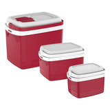 Kit 3 Caixas Térmicas 32+12+5 Litros Vermelho Cooler Praia