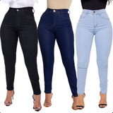 Kit 3 Calça Jeans Feminina Skinny Cintura Alta Com Lycra