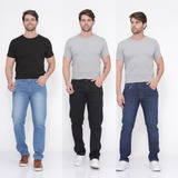 Kit 3 Calças Jeans Masculina Slim Fit Tradicional Elastano