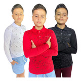 Kit 3 Camisa Polo Manga Longa Juvenil Estampada Infantil Top