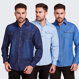 Kit 3 Camisa Social Jeans Masculina Slim Manga Longa 