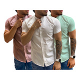 Kit 3 Camisa Social Masculina Manga Curta Gola Padre Slim
