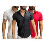 Kit 3 Camisa Social Masculina Manga Curta Slim Fit