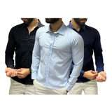 Kit 3 Camisa Social Masculina Manga Longa Slim Fit