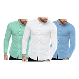 Kit 3 Camisa Social Masculina Slim Fit Microleve Não Amassa 