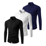 Kit 3 Camisa Social Masculina Slim Fit Sem Bolso Luxo Promoç