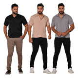 Kit 3 Camisas Social Masculino Manga Curta Slim Fit Moderno