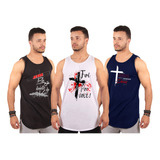 Kit 3 Camiseta Masculina Estampa Regata Long Cristã Academia