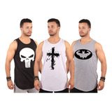 Kit 3 Camiseta Regata Longline Fitness Estampada Moderno Fit