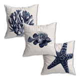 Kit 3 Capas De Almofada Veludo Nautica Azul Peixe + Coral