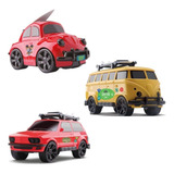 Kit 3 Carrinhos De Brinquedo Fusca Kombi Brasilia C/ Prancha