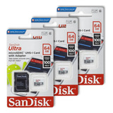 Kit 3 Cartão Memória Micro Sd Sandisk 64gb Classe 10 Ultra