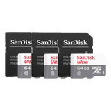 Kit 3 Cartão Memoria Micro Sd Sandisk 64gb Ultra Original