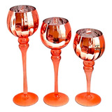 Kit 3 Castiçal Alto De Cristal Murano Porta Vela Rose Gold