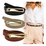 Kit 3 Cintos Feminino Fino Fivela Dourada Comprido Cor Preto/nude/marrom Desenho Do Tecido Liso Tamanho 110