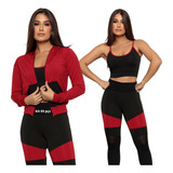 Kit 3 Conjunto Calça Legging Top E Jaqueta Feminino Fitness