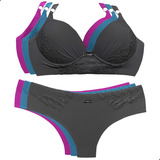 Kit 3 Conjuntos Lingerie Plus Size Calcinha Sutiã Bojo
