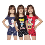 Kit 3 Conjuntos Pijamas Femininos Infantil