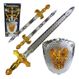 Kit 3 Espada + 1 Escudo Medieval Infantil Cavaleiro Dragão