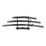 Kit 3 Espada Katana Wakizashi Dragão Decorativa Suporte Mesa