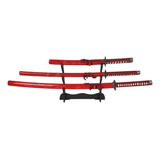 Kit 3 Espadas Katana Samurai Decoração Ornamento Red Dragon 