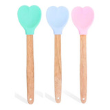 Kit 3 Espátulas Colher De Silicone Coração Cabo Bambu