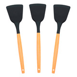 Kit 3 Espátulas Silicone Chapa Cabo De Madeira 32cm Preta -
