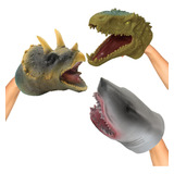 Kit 3 Fantoche Vinil Tiranossauro Rex + Tricerátops +tubarão
