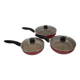 Kit 3 Frigideira Antiaderente Teflon Tampa De Vidro Vermelha