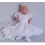 Kit 3 Itens Vestido De Batizado Menina Bebe Sapatinho Laço