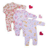 Kit 3 Macacão Bebe Feminino Em Soft Confortavel Dia A Dia