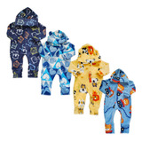 Kit 3 Macacão Bebê Fleece Ziper Sem Pé Estampado Luxo