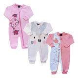 Kit 3 Macacão Bebê Fofinho Interativo Ziper Estampado Luxo